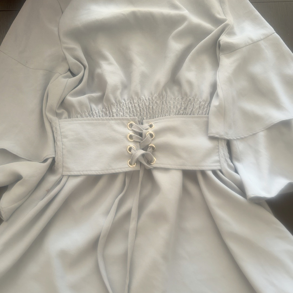 J.O.A. Gray Corset Lace-Up Dress Bell Sleeve Silver Grommet Detail
